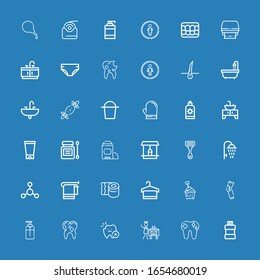 Editable 36 hygiene icons for web and mobile. Set of hygiene included icons line Mouthwash, Tooth, Housekeeping, Soap, Pads, Bucket, Towel, Toilet paper, Bacterias on blue background
