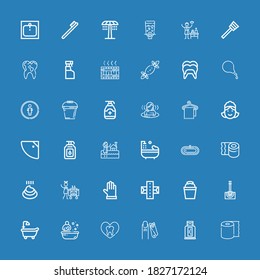 Editable 36 hygiene icons for web and mobile. Set of hygiene included icons line Tissue, Sunblock, Nail clippers, Tooth, Bath, Bathtub, Toilet brush, Bucket on blue background