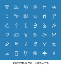 Editable 36 ice icons for web and mobile. Set of ice included icons line Ice cream, Macaron, Cold fusion, Fridge, Luge, Cream, Cocktail, Popsicle, Stick candy on blue background