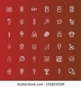 Editable 36 ice icons for web and mobile. Set of ice included icons line Minerals, Popsicle, Cocktail, Lollipop, Ice cream, Frozen yogurt, Mountain, Candy, Bar, Bucket on red