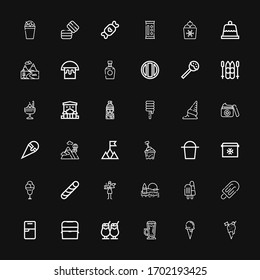Editable 36 ice icons for web and mobile. Set of ice included icons line Ice cream, cream cone, Frappe, box, Fridge, Beach, Barista, Stick candy, Bucket on black background