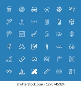 Editable 36 icons for web and mobile. Set of eye included icons line Focus, Eye, Eyedropper, Patch, Hallgrimskirkja, View, Eye tap, Eye mask, Sunglasses on blue background