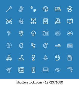 Editable 36 idea icons for web and mobile. Set of idea included icons line Graphic designer, Eye, Whiteboard, Typography, d, Scientist, Matches, Mind, Lamp on blue background