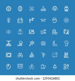 Editable 36 idea icons for web and mobile. Set of idea included icons line Shape, Lamp, Dove, Idea, Influencer, Mind, Owl, Comment, Scientist, Triangle, Vision on blue background