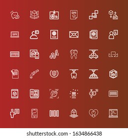 Editable 36 identity icons for web and mobile. Set of identity included icons line Coding, Tooth, d cube, Barcode, Visitor, User, Symbol, Owl, Motion, Emblem, Musket on red