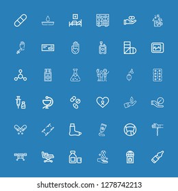 Editable 36 illness icons for web and mobile. Set of illness included icons line Vials, Virus, Cancer, Syrup, Stretcher, Handkerchief, Medicine, Broken leg on blue background