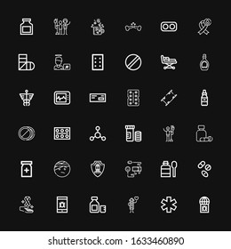 Editable 36 illness icons for web and mobile. Set of illness included icons line Virus, Medicine, Cardiologist, Syrup, Cancer, Drugs, Blood pressure gauge on black background