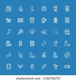 Editable 36 íconos de enfermedades para web y móvil. El conjunto de enfermedades incluye íconos de la línea Medicina, Medicamentos, Vacuna, donación de sangre, Píldora, píldoras, vitamina, virus, pierna rota con fondo azul