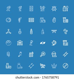 Editable 36 íconos de enfermedades para web y móvil. El conjunto de enfermedades incluye íconos de la línea Píldora, donación de sangre, Stretcher, Medicina, Jarabe, Píldoras, Virus, Vitaminas, Caminante sobre fondo azul