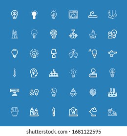 Editable 36 illumination icons for web and mobile. Set of illumination included icons line Candle, Desk lamp, Idea, Lamp, Bulb, Ideas, Spotlight, Light, Lightbulb on blue background