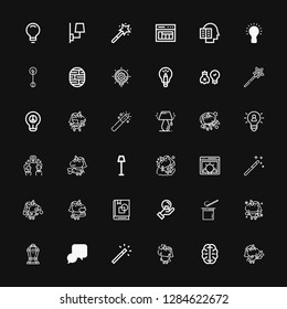 Editable 36 imagination icons for web and mobile. Set of imagination included icons line Unicorn, Brain, Magic wand, Idea, Lamp, Wand, Art book, Ideas, Intellectual on black background