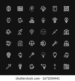 Editable 36 imagination icons for web and mobile. Set of imagination included icons line Layout, Lamp, Idea, Unicorn, Magic wand, Brain, Intellectual, Brainstorming on black background