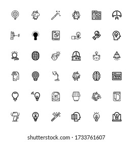 Editable 36 imagination icons for web and mobile. Set of imagination included icons line Idea, Intellectual, Magic wand, Lamp, Magic book, Unicorn, Brainstorm on white background