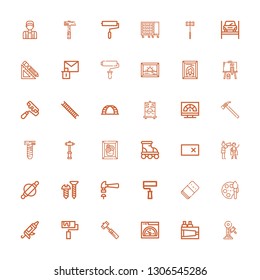 Editable 36 improvement icons for web and mobile. Set of improvement included icons line Hammer, Paint, Speed, Roller, Caulk gun, Eraser, Paint roller, Screw on white background