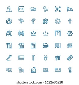 Editable 36 industrial icons for web and mobile. Set of industrial included icons line Mechanical arm, Machine, Mine, Warehouse, Gas, Sewing machine, Safety glasses on white background