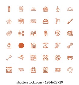 Editable 36 industry icons for web and mobile. Set of industry included icons line Paint, Mine, Warehouse, Toolbox, Trailer, Farming, Van, Settings, Tools on white background