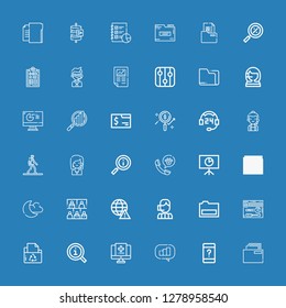 Editable 36 info icons for web and mobile. Set of info included icons line Folder, Customer service, Analytics, Medical record, Information, Support, Call center on blue background