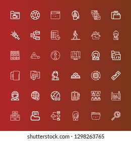 Editable 36 info icons for web and mobile. Set of info included icons line Analytics, Folder, Call center, Data, Faq, Audience, Medical history, Worldwide, Customer support on red