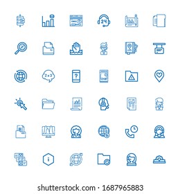Editable 36 info icons for web and mobile. Set of info included icons line Manual, Call center, Folder, Worldwide, Information, Data, Customer support, Support on white background
