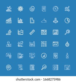 Bearbeitbar 36 Infografiken für Web und Mobile. Satz von Infografiken inklusive Icons Zeile Analytics, Reiseführer, Statistik, Zertifikat, Fehler, Spirituosen auf blauem Hintergrund