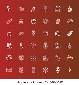 Editable 36 ingredient icons for web and mobile. Set of ingredient included icons line Carrot, Blueberry, Sugar, Dippel oil, Coffee beans, Butter, Coconut, Seasoning, Whiskey on red