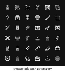 Editable 36 ink icons for web and mobile. Set of ink included icons line Printer, Stamp, Paint, Ink, Paint tube, Paint brush, Pen, Brush, Highlighter, Art on black background