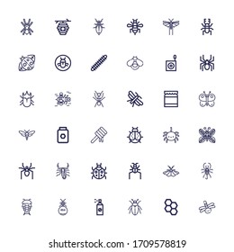 Editable 36 insect icons for web and mobile. Set of insect included icons line Dragonfly, Honeycomb, Beetle, Insecticide, Ant, Insect, Scorpion, Moth, Parasite on white background