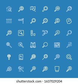 Editable 36 inspect icons for web and mobile. Set of inspect included icons line Search, Glass, Magnifying glass, Zoom out, Binoculars, Magnifier, Magnifying on blue background