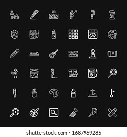 Editable 36 instrument icons for web and mobile. Set of instrument included icons line Clave, Search, Trumpet, Painting palette, Thermometer, Sand, Eye dropper on black background