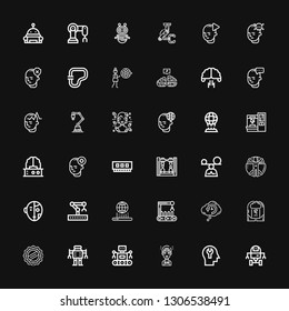 Editable 36 intelligence icons for web and mobile. Set of intelligence included icons line Space robot, Mind, Artificial intelligence, Robot, Cap, Brainstorm on black background