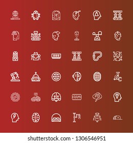 Editable 36 intelligence icons for web and mobile. Set of intelligence included icons line Cap, Robot, Industrial robot, Brain, Mind, Retrocognition, Ram, Artificial intelligence on red