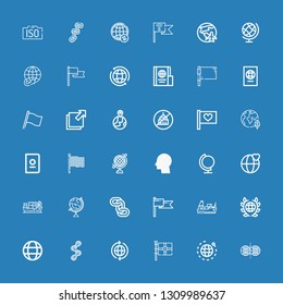 Editable 36 international icons for web and mobile. Set of international included icons line Parallel world, World, Flag, Chain, Global, Cargo ship, Chains on blue background