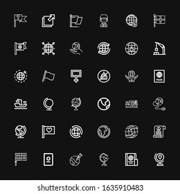 Editable 36 international icons for web and mobile. Set of international included icons line Globe, Passport, World, Flag, Pacifism, Worldwide, Earth globe on black background
