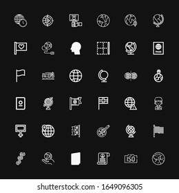 Editable 36 international icons for web and mobile. Set of international included icons line Earth, Iso, Pacifism, Passport, Chain, Flag, Earth globe, Flags on black background