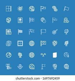 Editable 36 international icons for web and mobile. Set of international included icons line Worldwide, Earth globe, Flag, World, Peace, Planet earth, Passport on blue background