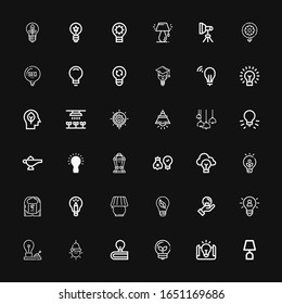 Editable 36 invention icons for web and mobile. Set of invention included icons line Lamp, Idea, Bulb, Brainstorm, Ideas, Light, Inspiration, Lightbulb on black background