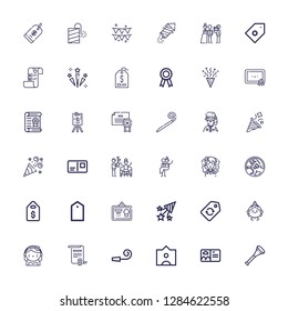 Editable 36 invitation icons for web and mobile. Set of invitation included icons line Postcard, Tag, Party whistle, Certificate, Bride, Birthday girl on white background