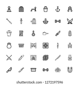 Editable 36 iron icons for web and mobile. Set of iron included icons line Magnet, Cage, Weight, Laundry basket, Knife, Posion, Grate, Gate, Anchor, Spears on white background