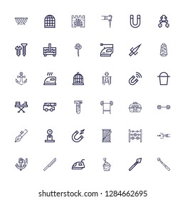 Editable 36 iron icons for web and mobile. Set of iron included icons line Magnetic, Spear, Bucket, Iron, Knife, Anchor, Blowpipe, Weights, Thread spool, Magnetism on white background