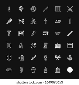 Editable 36 iconos de hierro para web y móvil. Conjunto de hierro incluido línea Knife, jaula de pájaro, detergente, cuchara, rosca, crepe fabricante, ancla, hierro, imán, peso sobre fondo negro
