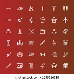 Editable 36 iron icons for web and mobile. Set of iron included icons line Grate, Bucket, Cannon, Guillotine, Iron, Knife, Safety pin, Bird cage, Weight, Laundry, Gate on red