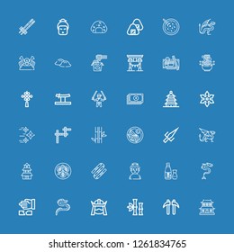 Editable 36 japanese icons for web and mobile. Set of japanese included icons line Dojo, Kusarigama, Bamboo, Samurai, Dragon, Martial arts, Sake, Sumo, Nunchaku on blue background