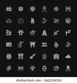 Editable 36 japanese icons for web and mobile. Set of japanese included icons line Wrestler, Dragon, Geisha, Ninja, Shogun, Nunchaku, Rice, Chopsticks, Torii on black background