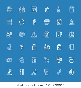 Editable 36 jar icons for web and mobile. Set of jar included icons line Test tube, Smoothie, Honey, Test tubes, Jug, Ceramic, Elixir, Jam, Pitcher, Vase, Paint bucket on blue background