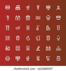 Editable 36 jar icons for web and mobile. Set of jar included icons line Honey, Peanut butter, Smoothie, Test tube, Vase, Hive, Condiment, Baby food, Pottery, Jam, Pitcher on red