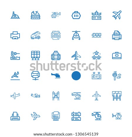 Editable 36 jet icons for web and mobile. Set of jet included icons line Helicopter, Departures, Printer, Airplane, Seats, Aircraft, Jetpack, Aeroplane, Control tower on white background