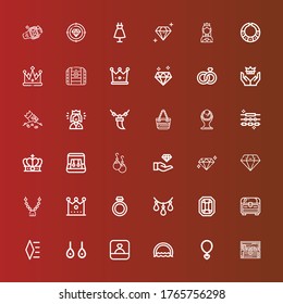 Editable 36 jewelry icons for web and mobile. Set of jewelry included icons line Treasure, Necklace, Ring, Earrings, Diamond, Chest, Gem, Crown, Pendant, Jewelry, Hand bag on red