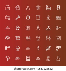 Editable 36 job icons for web and mobile. Set of job included icons line User, Policeman, Hat, Boss, Helmet, Roller, Servant, Goal, Hammer, Folder, Handshake, Chef, Lab technician on red