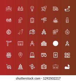 Editable 36 journey icons for web and mobile. Set of journey included icons line Sail boat, Suitcase, Direction, Pagoda, Luggage, Departures, Passport, Caravan, Road, Compass on red