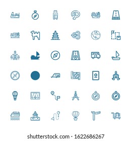 Editable 36 journey icons for web and mobile. Set of journey included icons line Luggage, Straight, Hot air balloon, Direction, Compass, Cruise, Gps, Thailand on white background